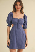 Square Neck Puff Sleeve Mini Dress in Dusty Blue
