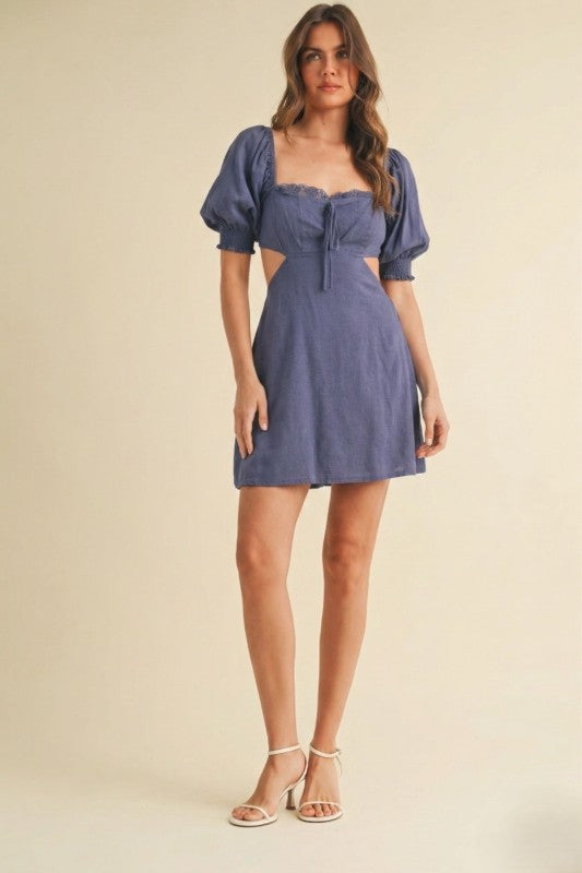 Square Neck Puff Sleeve Mini Dress in Dusty Blue