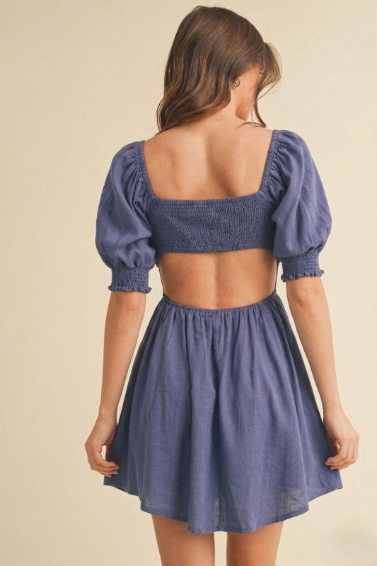 Square Neck Puff Sleeve Mini Dress in Dusty Blue