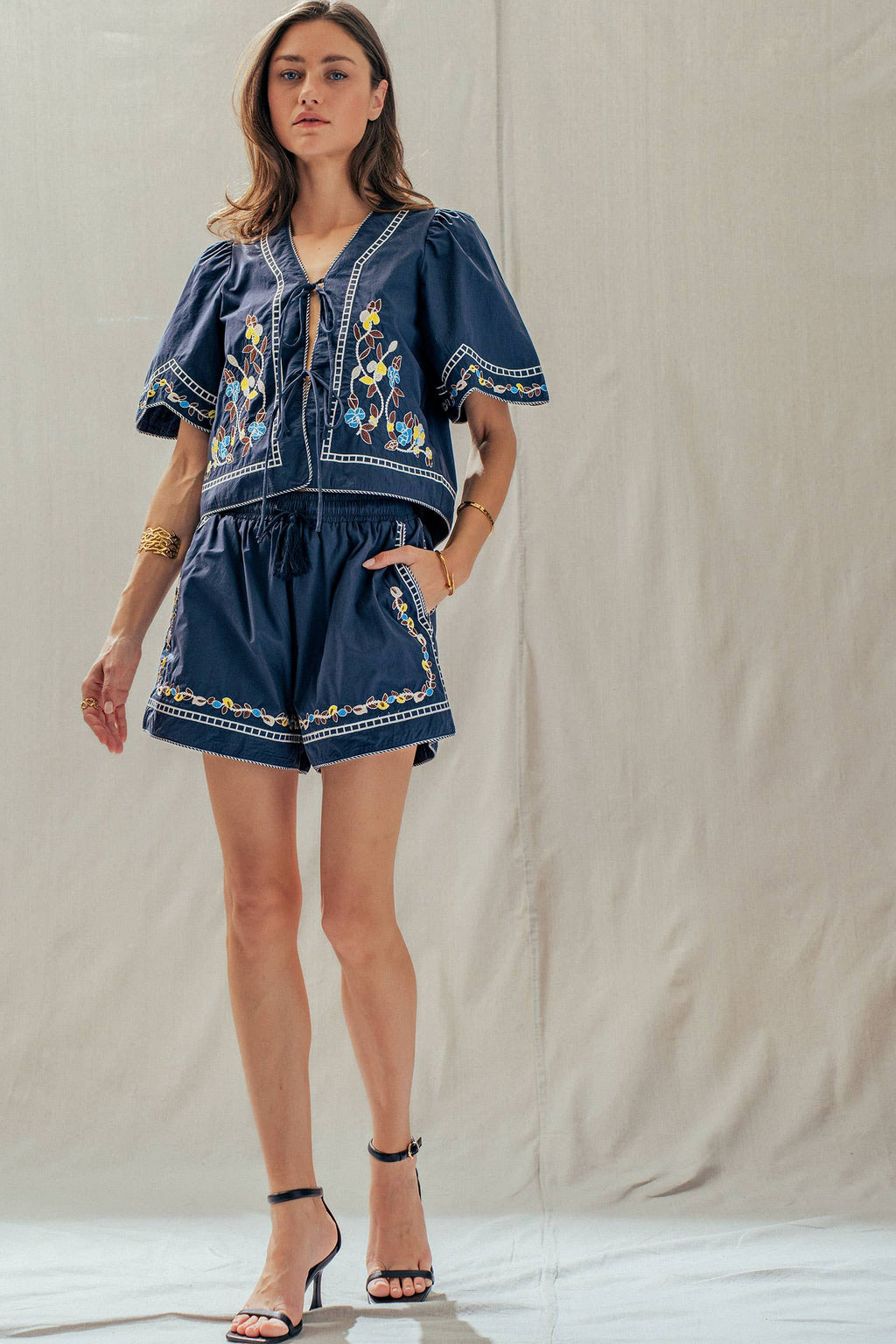 Floral Embroidered Drawstring Cotton Shorts
