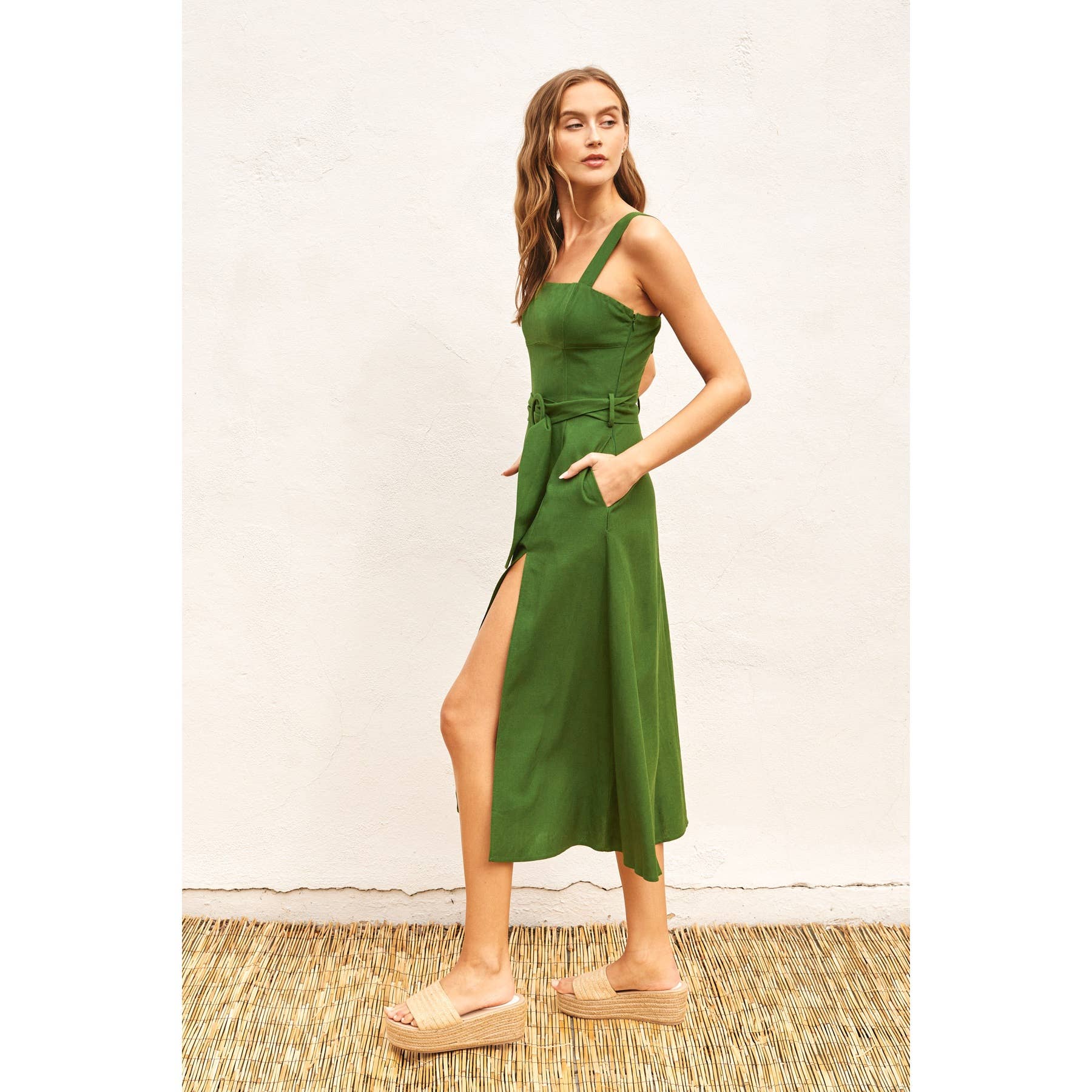Linen Square Neck Buckle Midi Dress