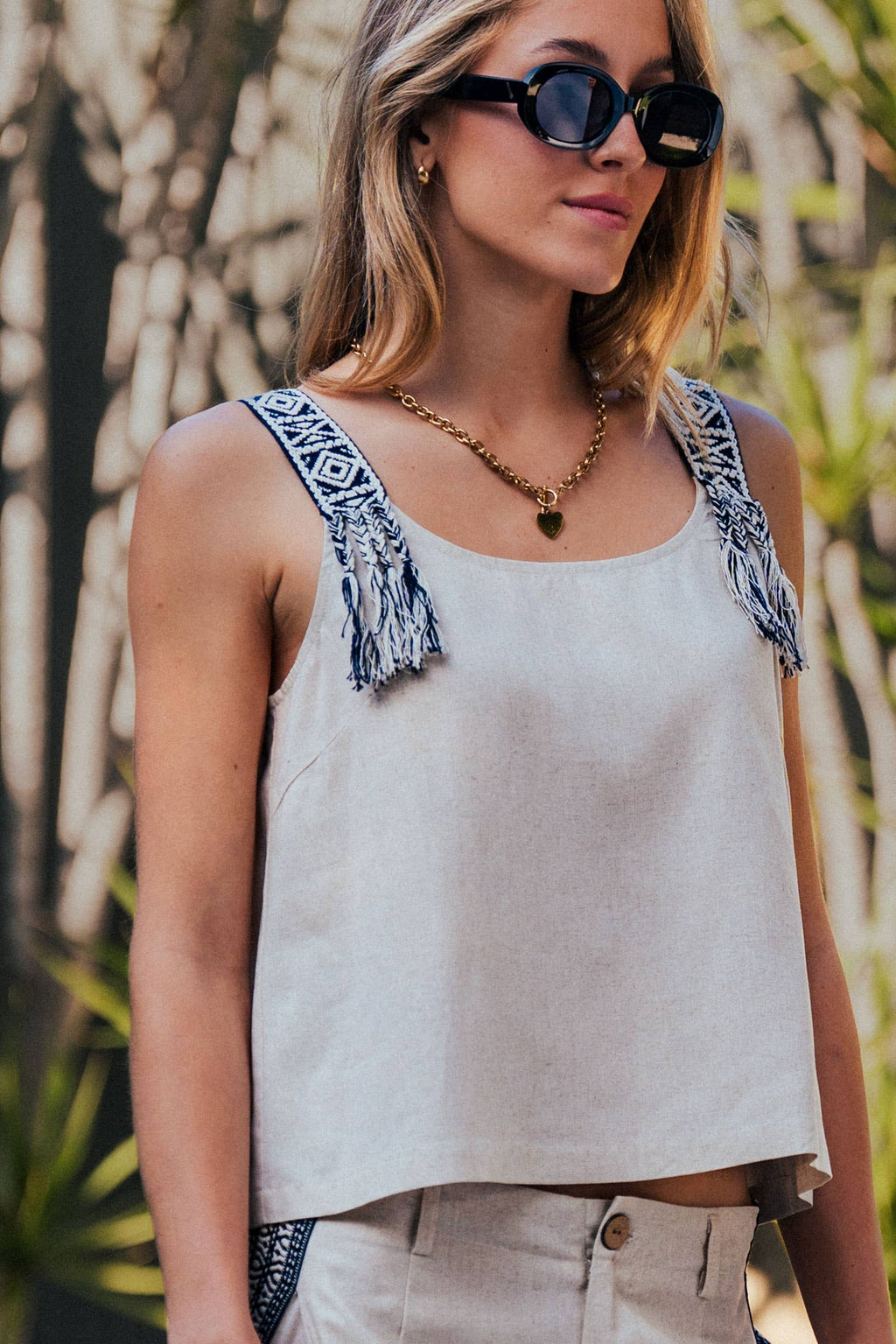 Embroidered Linen Blend Two-Piece Set Tassel Detail