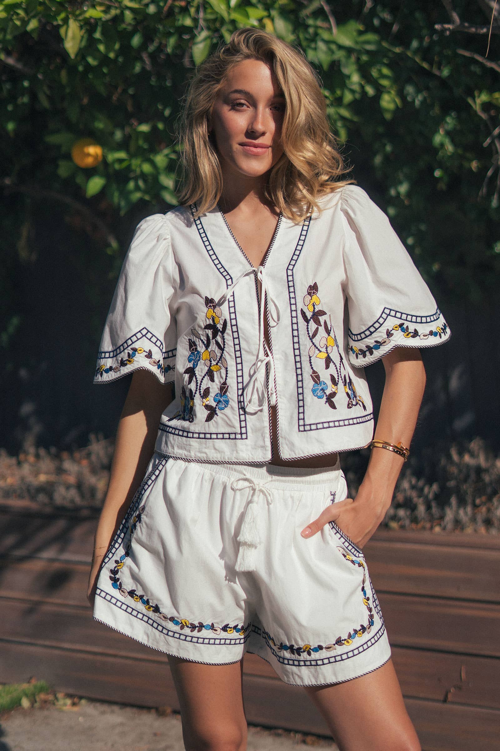 Floral Embroidered Tie Front Cotton Top