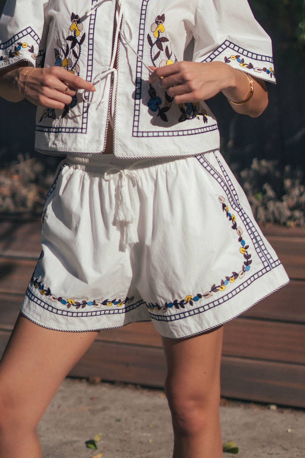 Floral Embroidered Drawstring Cotton Shorts