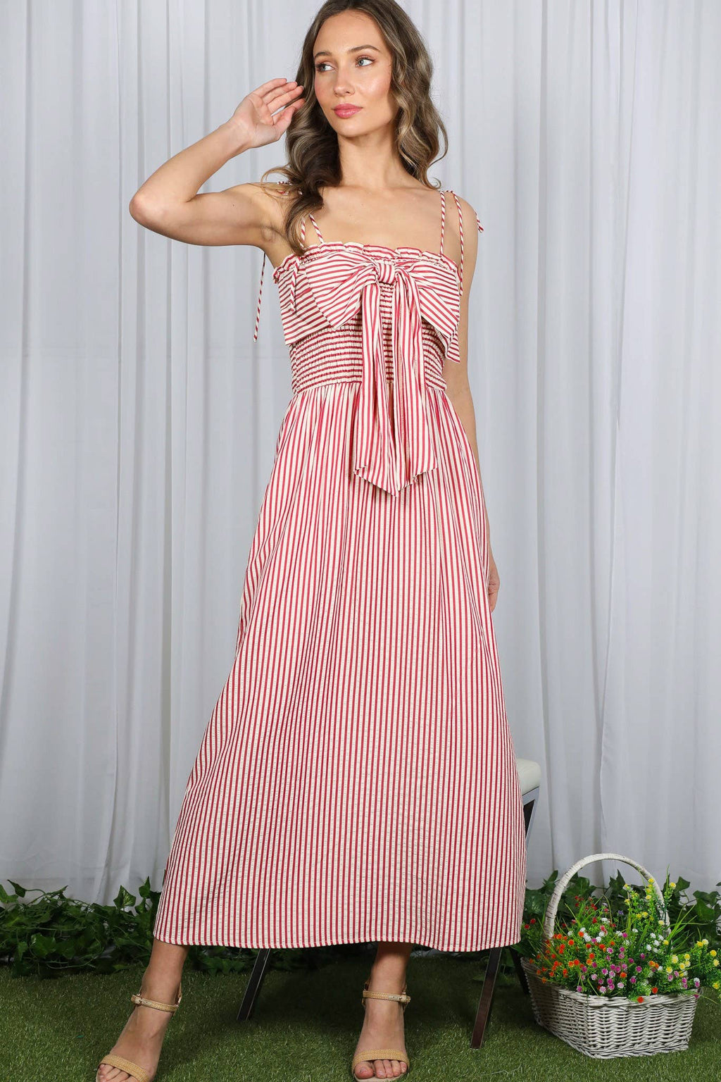 Bow Accent Shoulder Strap Striped Maxi Dress