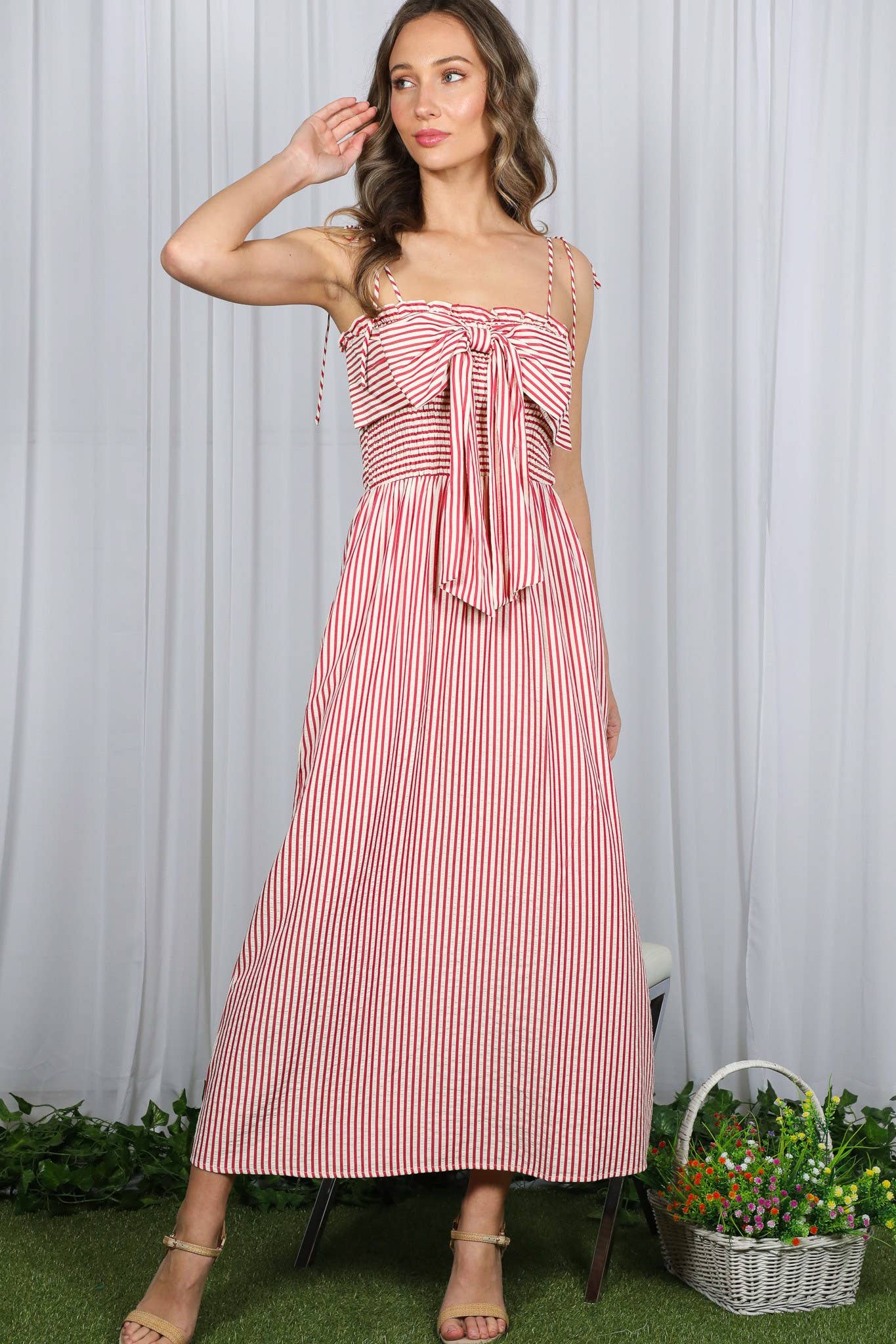 Bow Accent Shoulder Strap Striped Maxi Dress