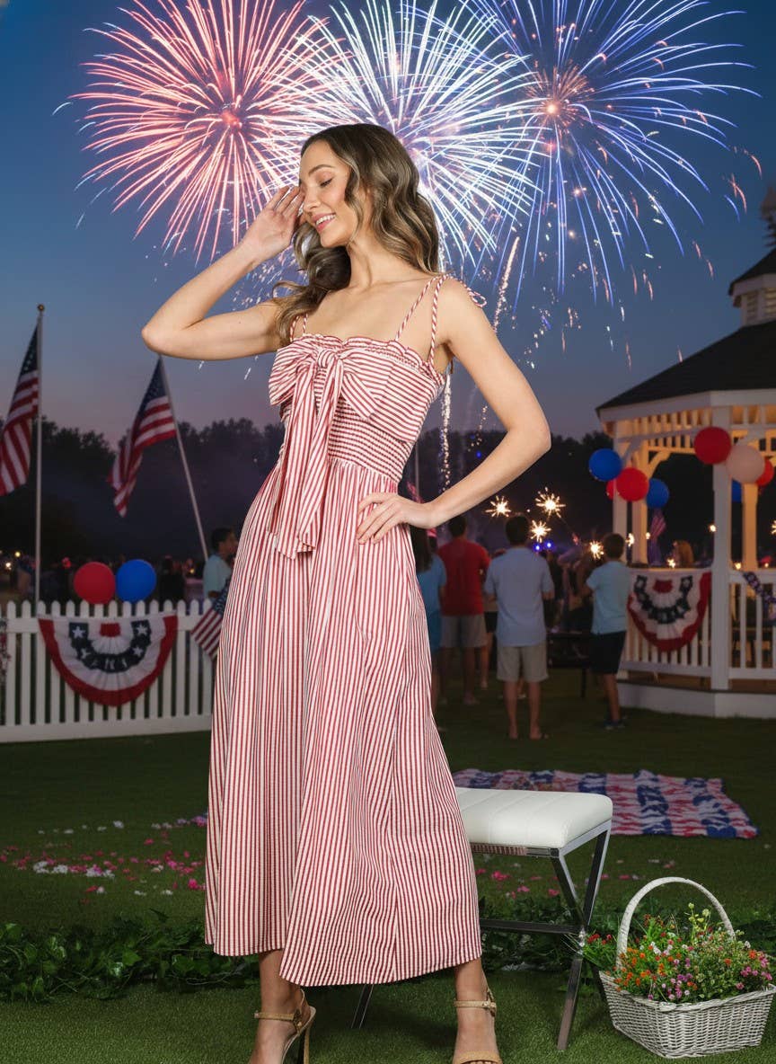 Bow Accent Shoulder Strap Striped Maxi Dress