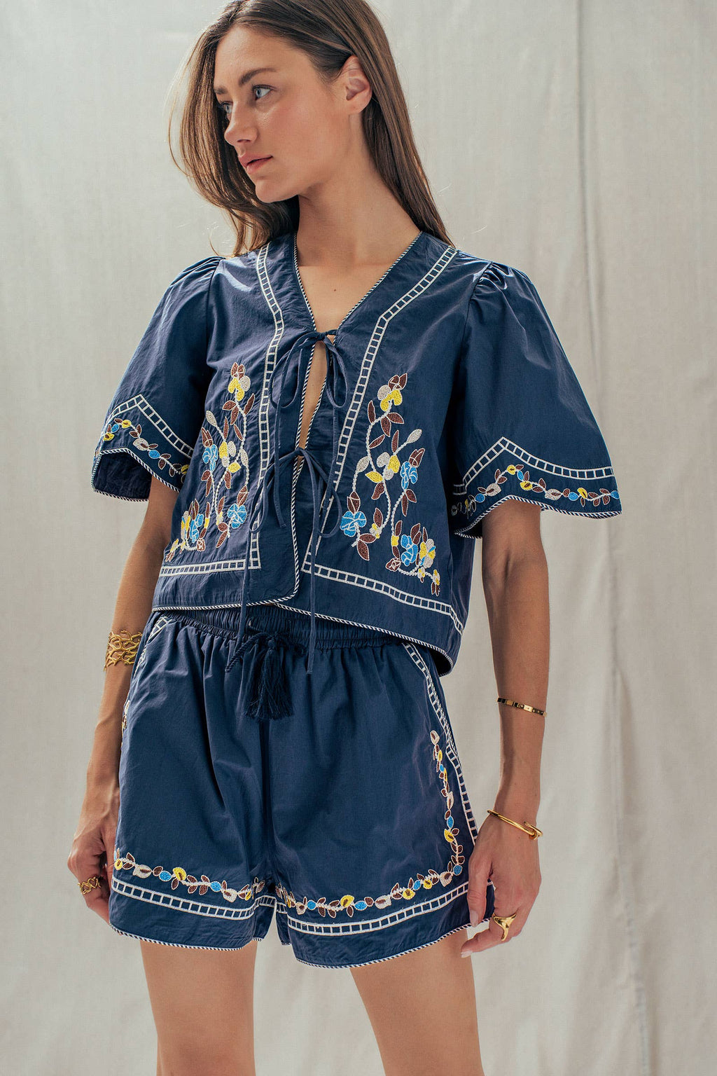 Floral Embroidered Tie Front Cotton Top