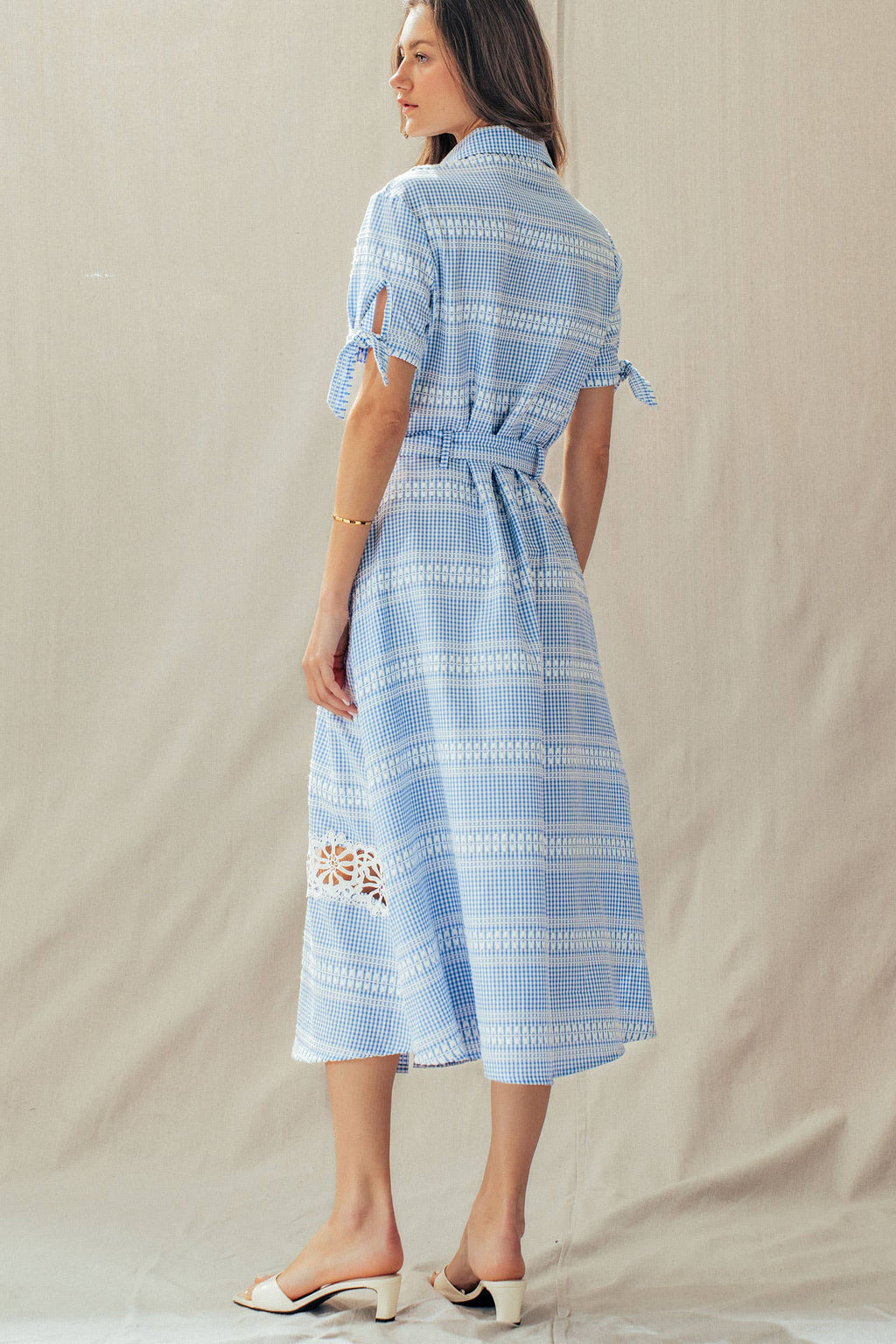 Gingham Cotton Shirt Dress Eyelet Embroidery