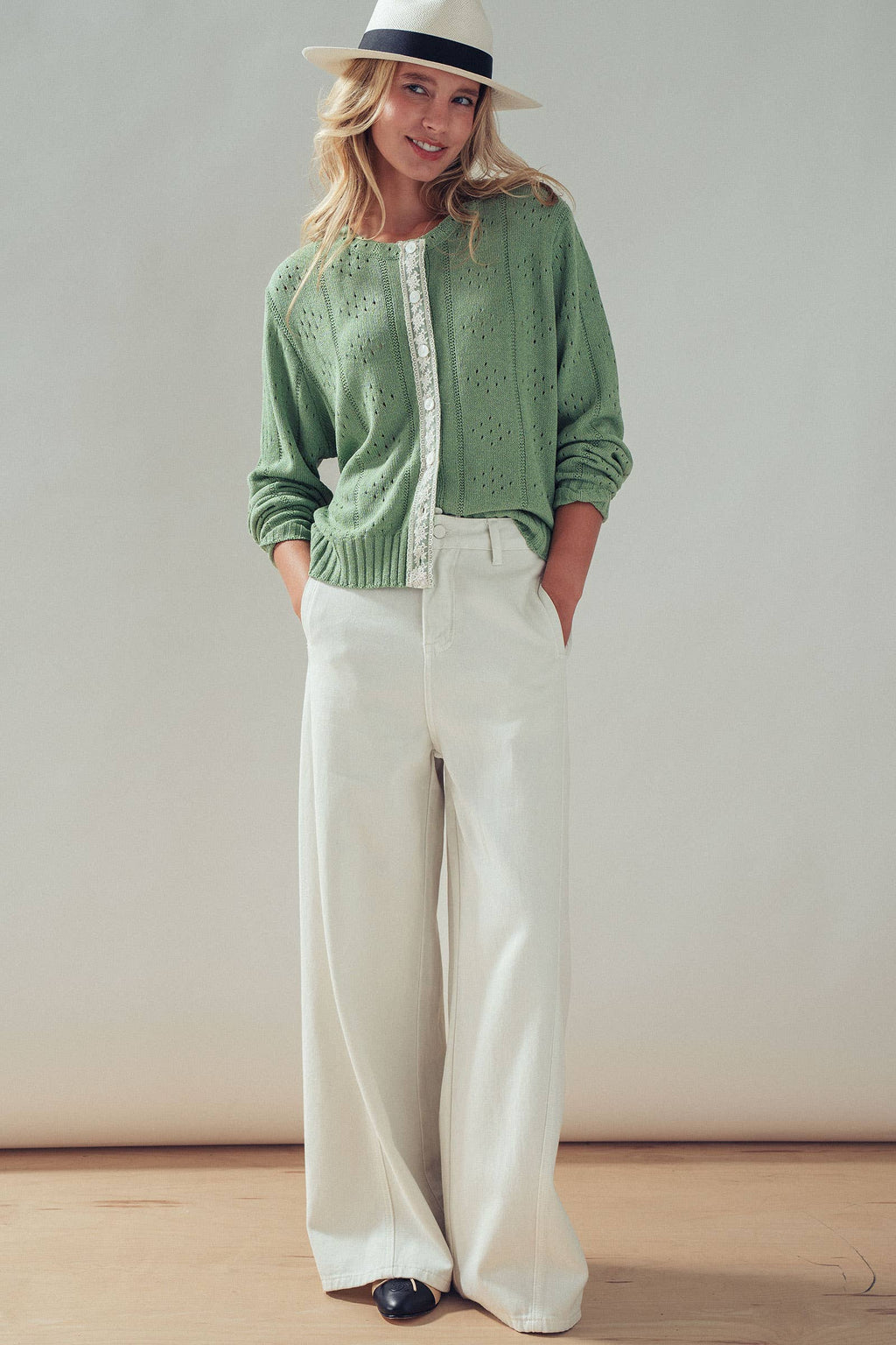 Pointelle Knit Cardigan Lace Trim Button Down