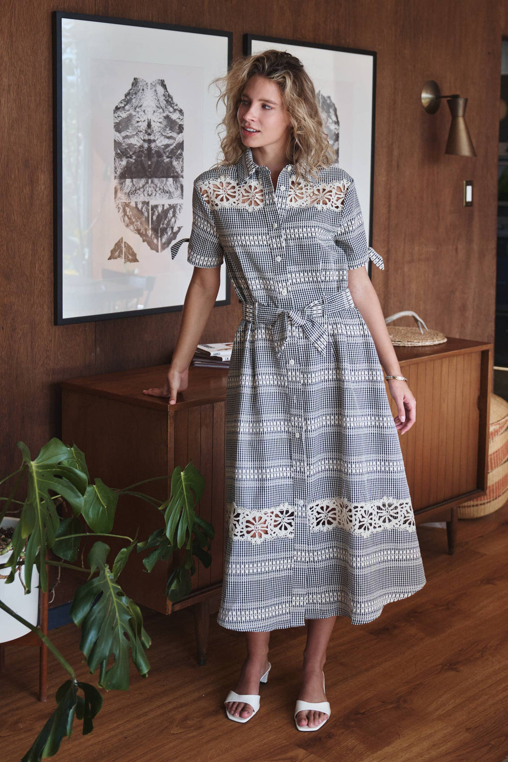 Gingham Cotton Shirt Dress Eyelet Embroidery