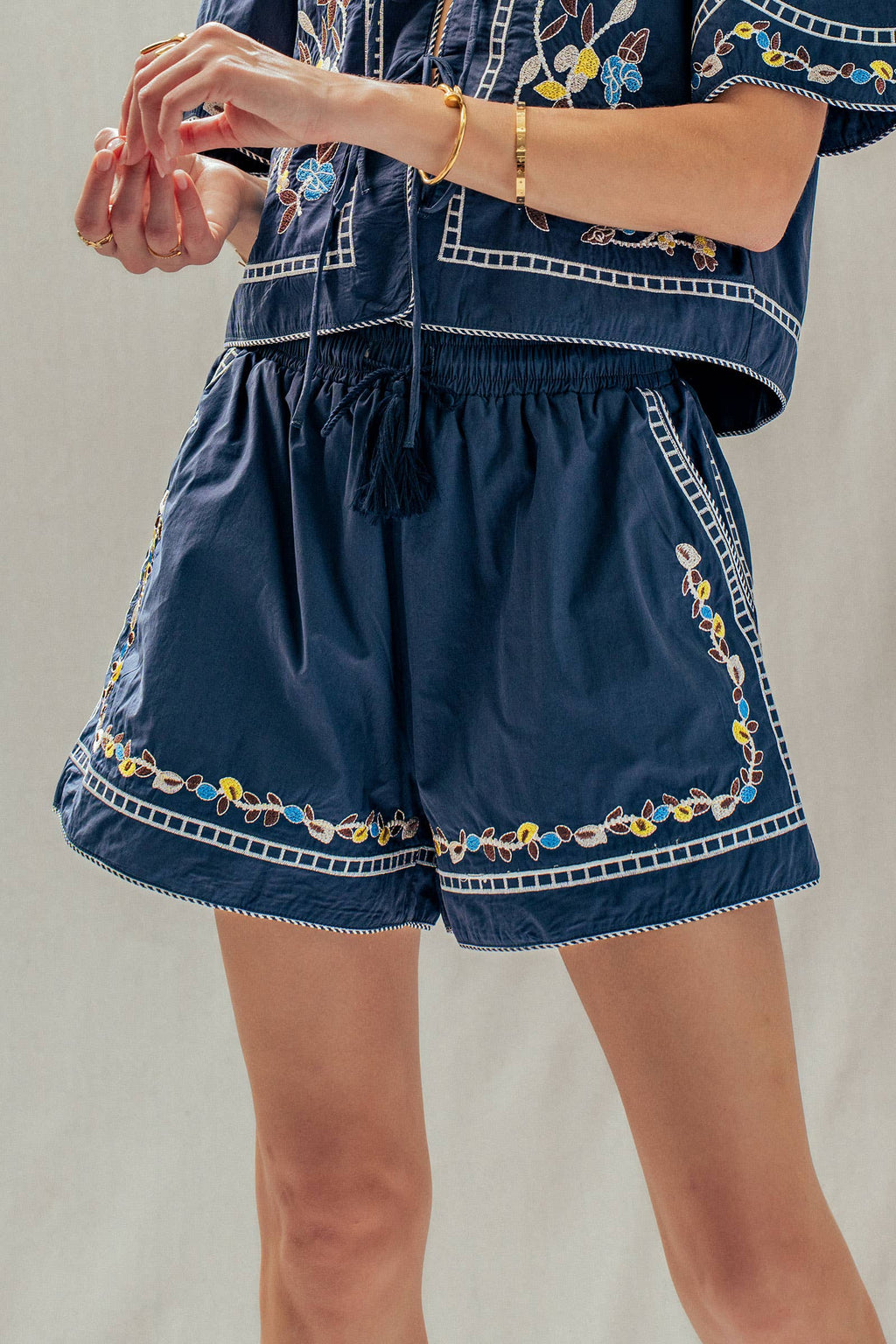 Floral Embroidered Drawstring Cotton Shorts