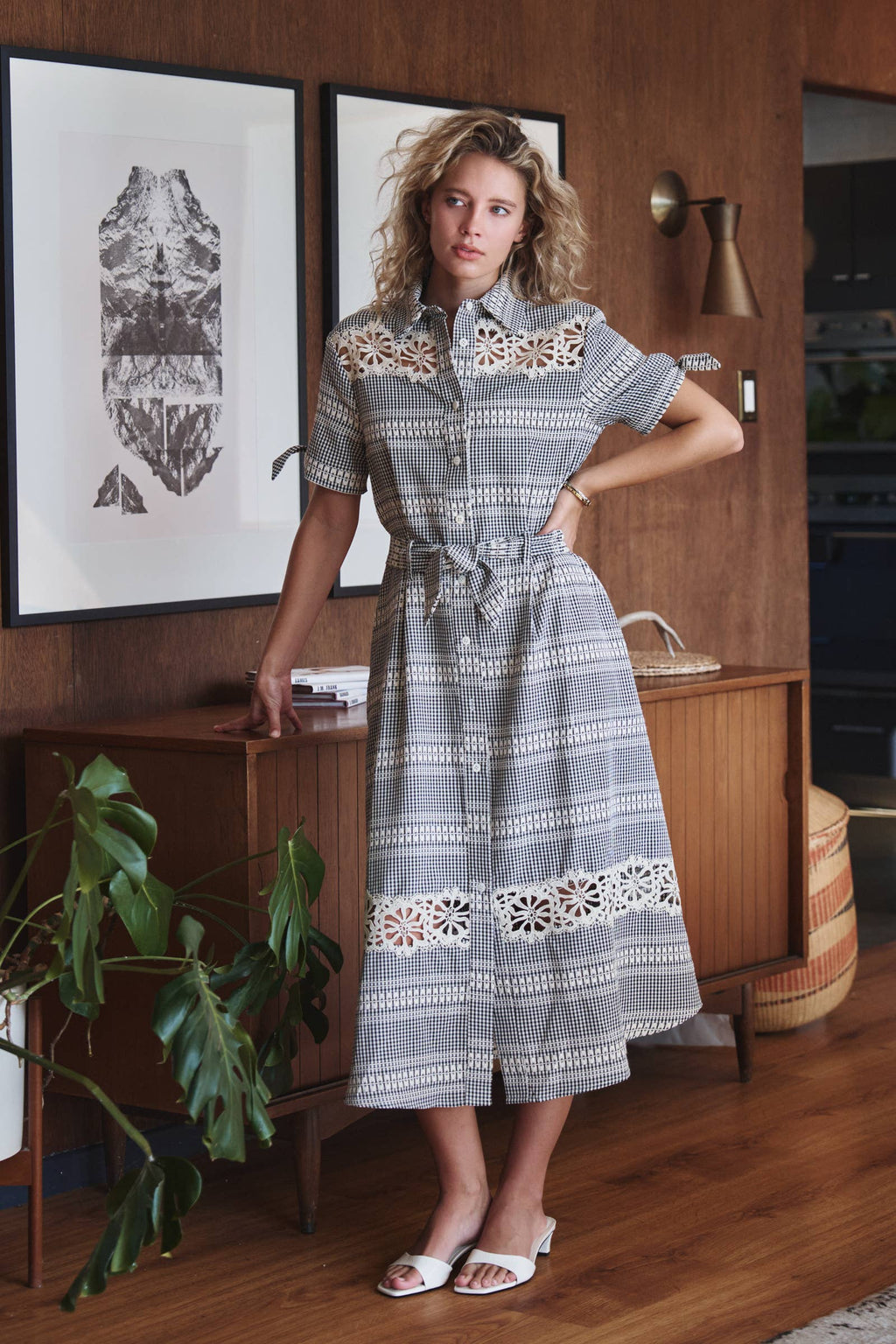 Gingham Cotton Shirt Dress Eyelet Embroidery