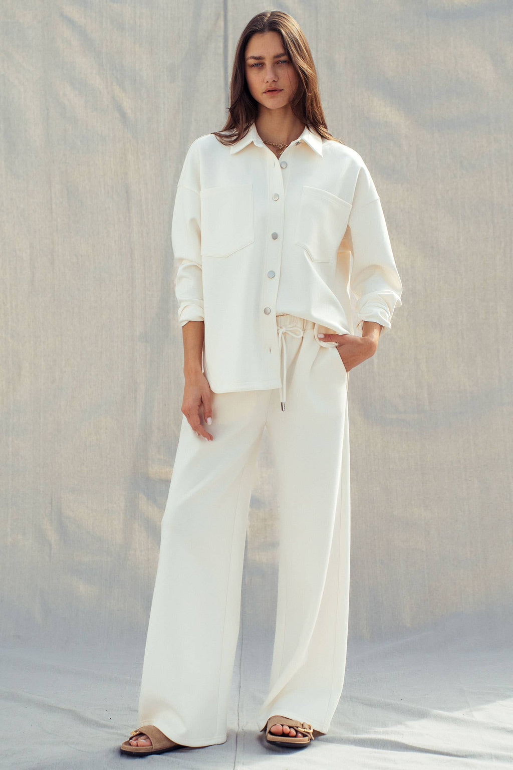 Cotton Blend Wide Leg Drawstring Lounge Pants