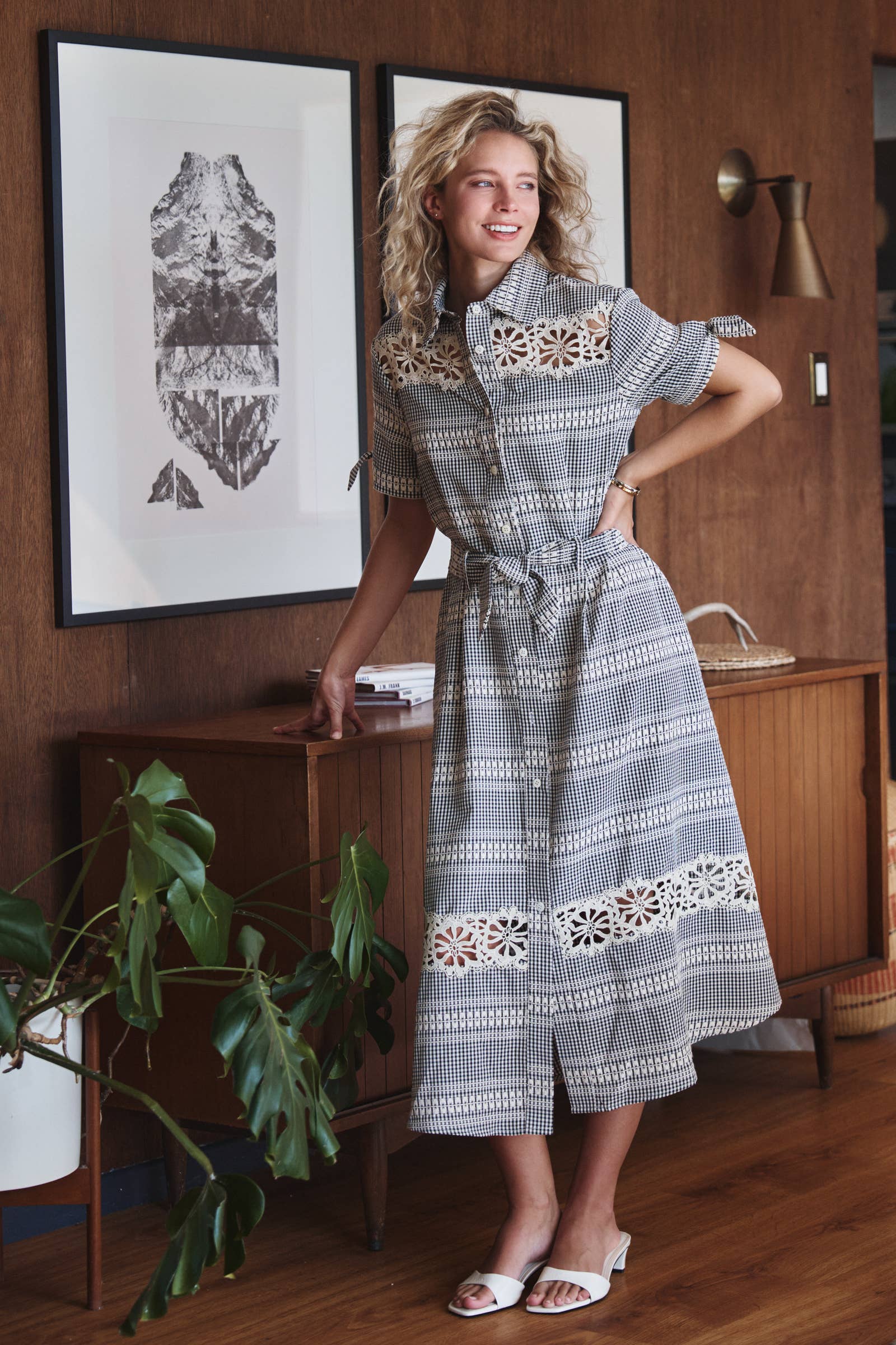 Gingham Cotton Shirt Dress Eyelet Embroidery