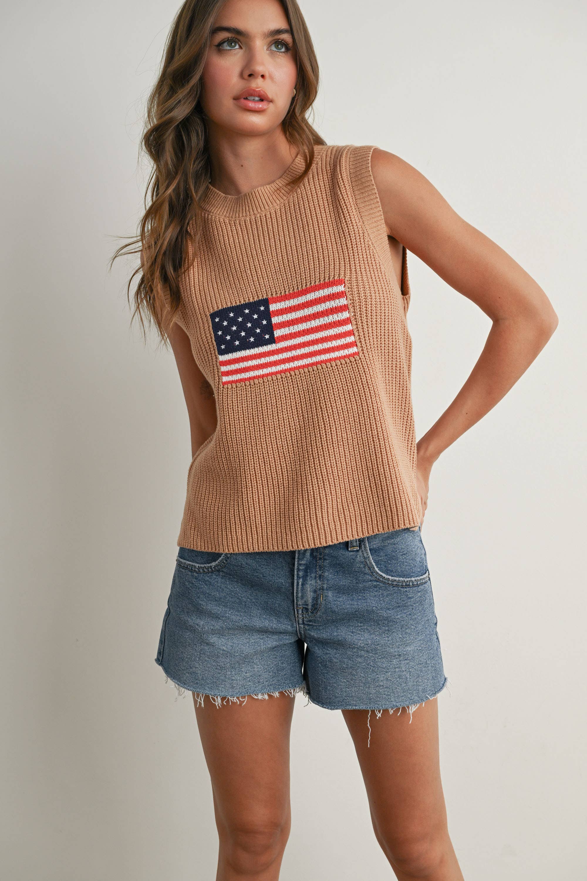 Flag Print Knitted Sleeveless Sweater - BMW7749