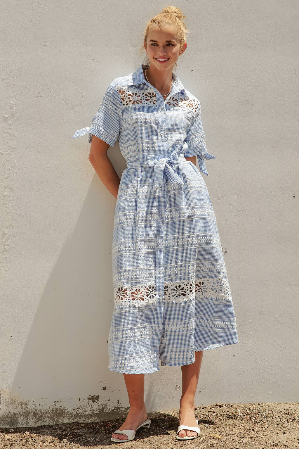 Gingham Cotton Shirt Dress Eyelet Embroidery