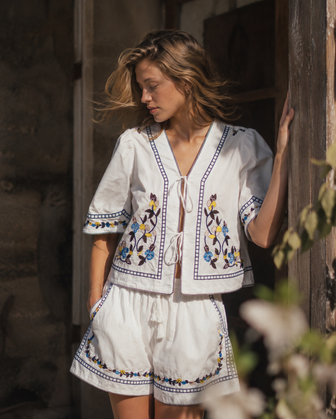 Floral Embroidered Drawstring Cotton Shorts