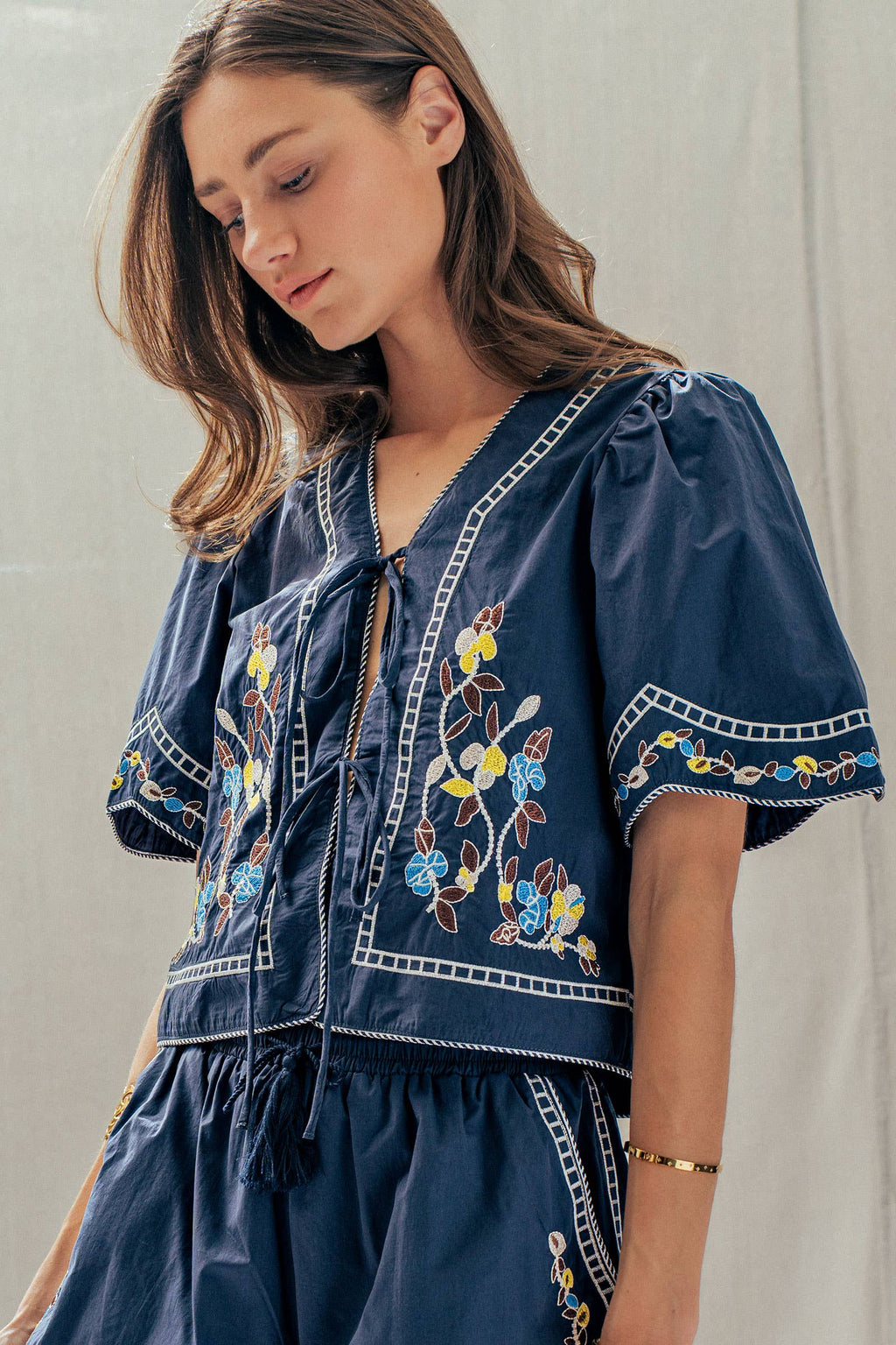 Floral Embroidered Tie Front Cotton Top