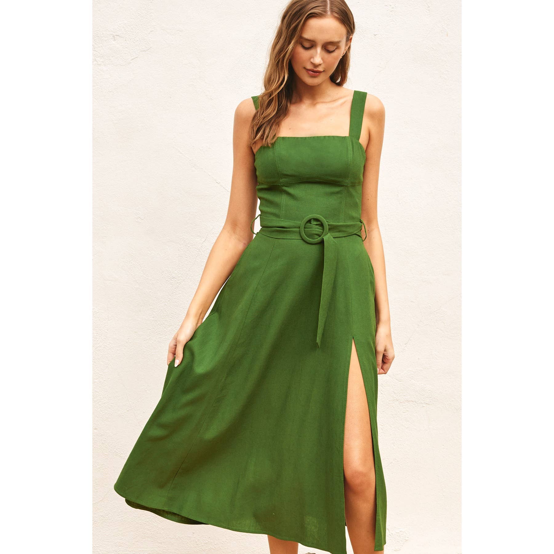Linen Square Neck Buckle Midi Dress