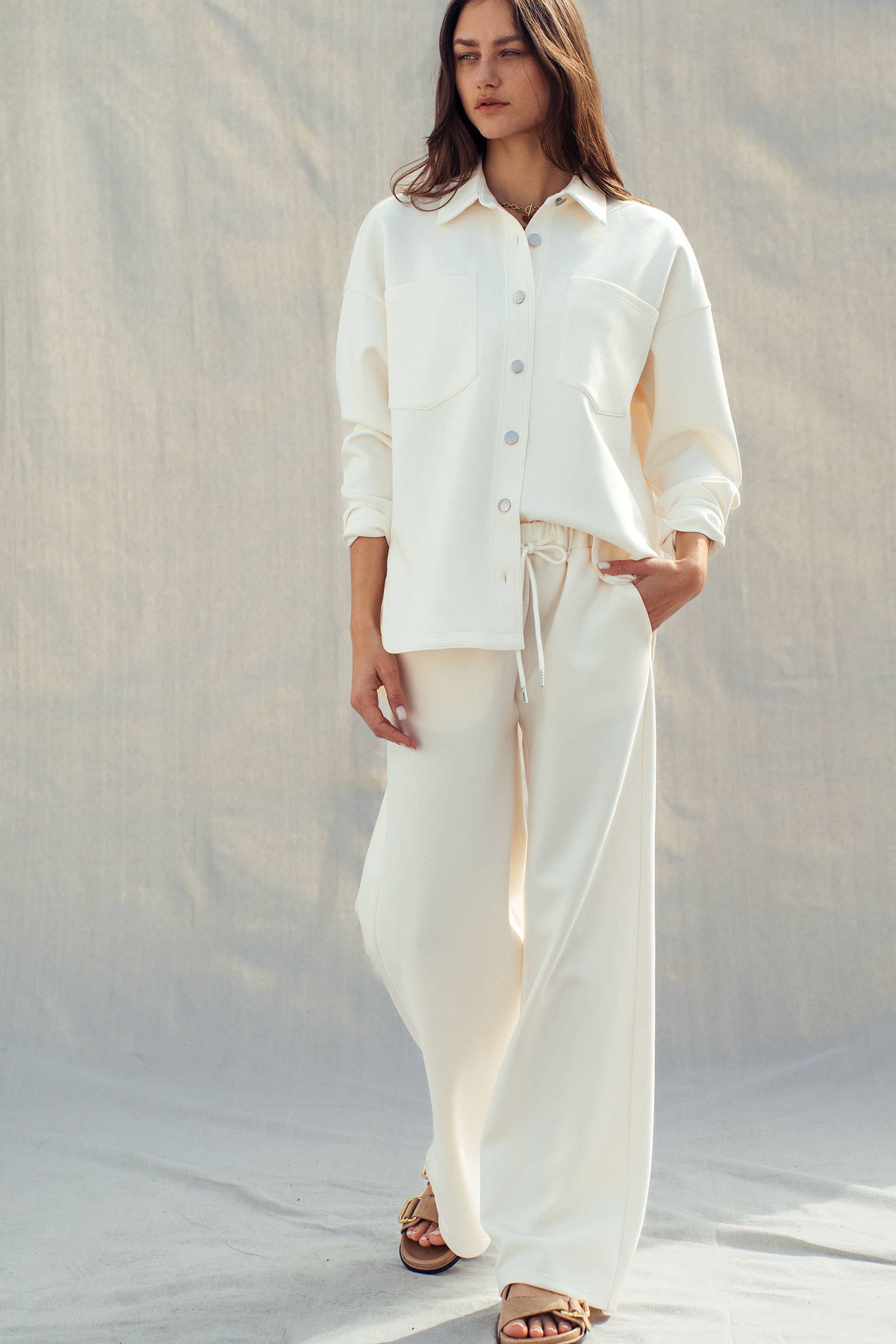 Cotton Blend Wide Leg Drawstring Lounge Pants