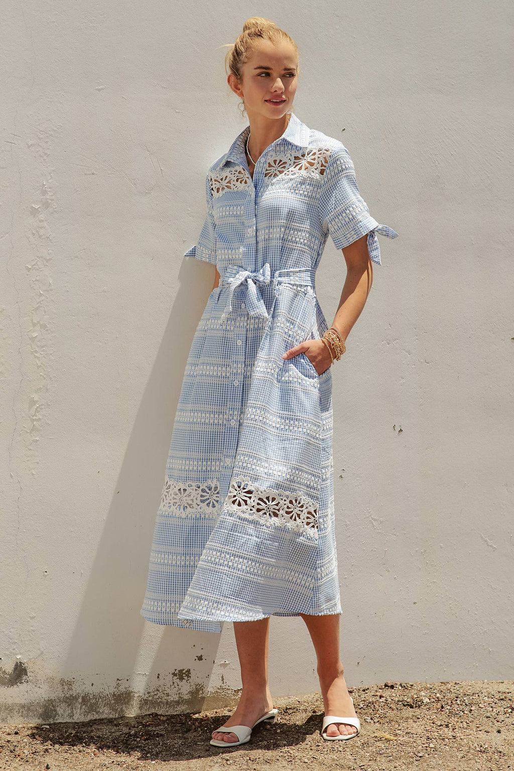Gingham Cotton Shirt Dress Eyelet Embroidery