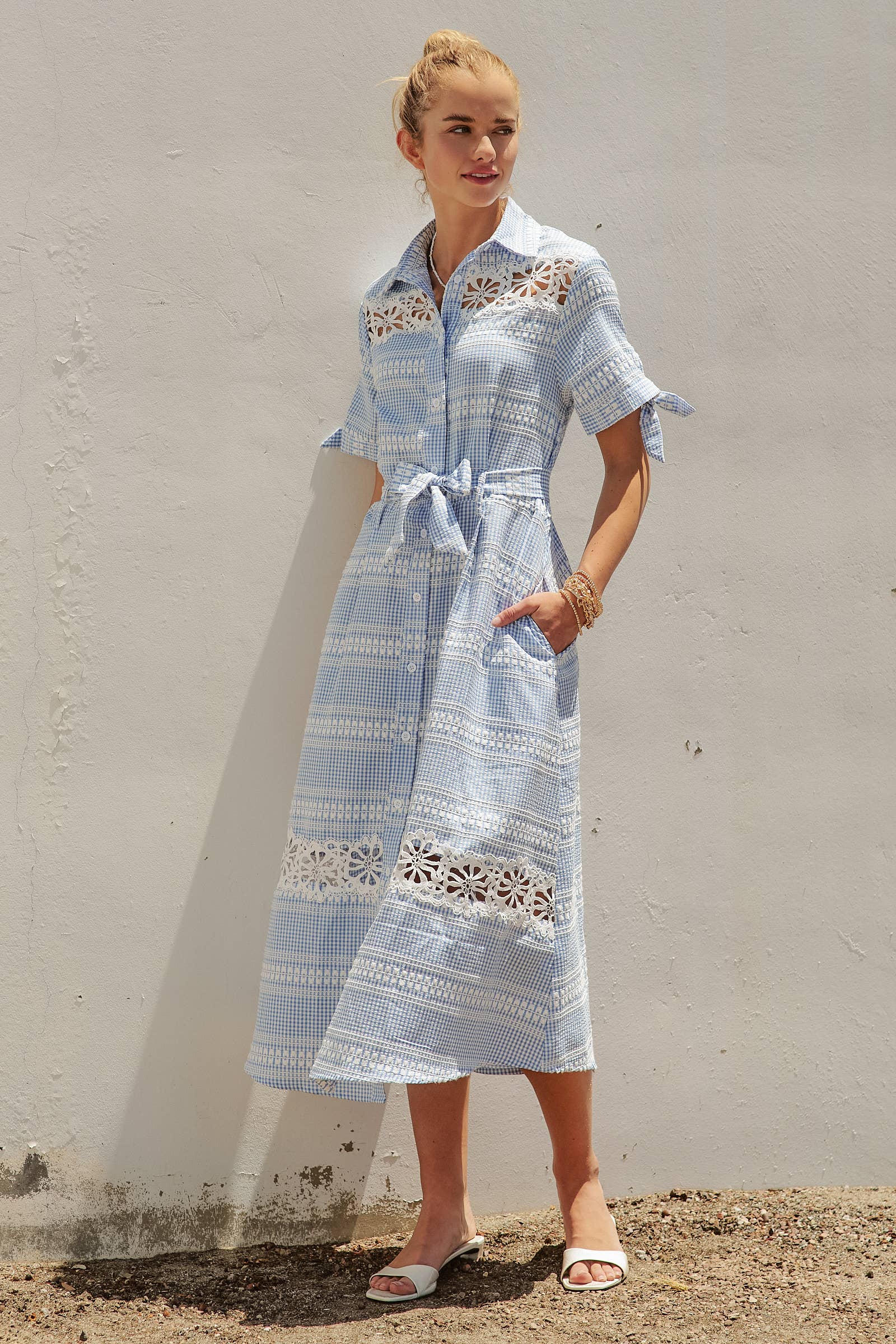 Gingham Cotton Shirt Dress Eyelet Embroidery
