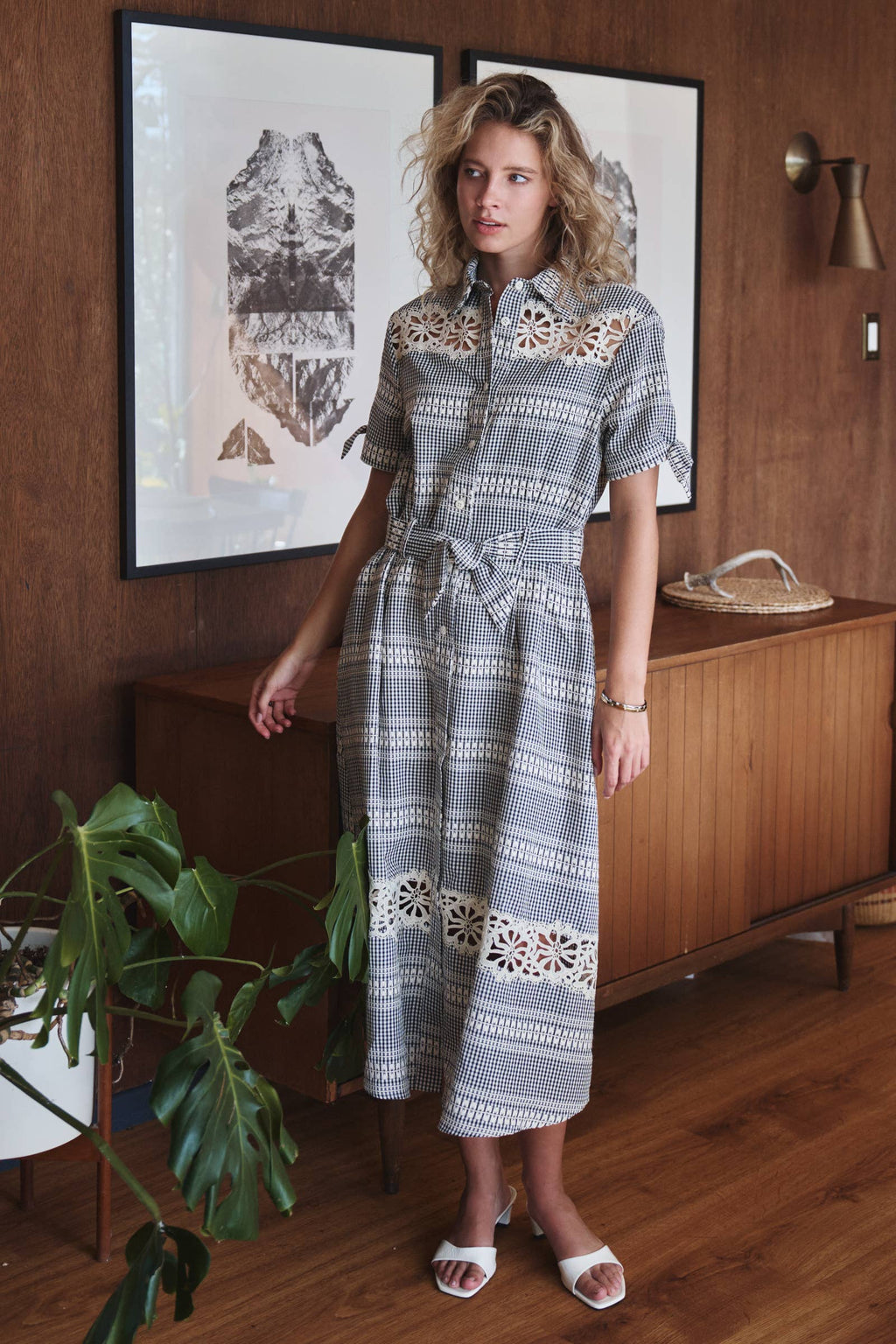 Gingham Cotton Shirt Dress Eyelet Embroidery