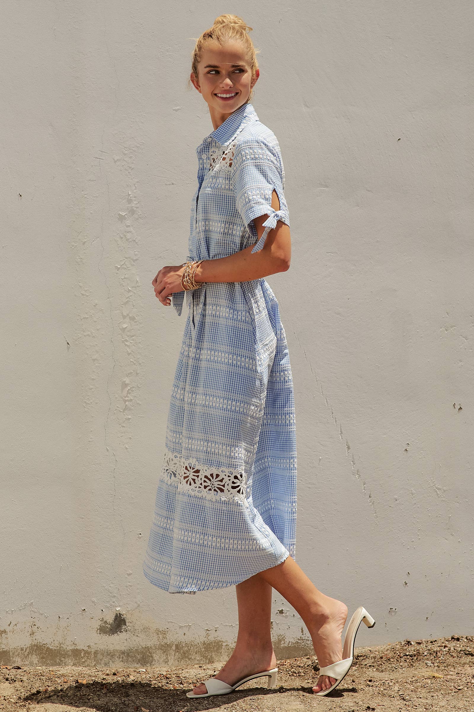 Gingham Cotton Shirt Dress Eyelet Embroidery