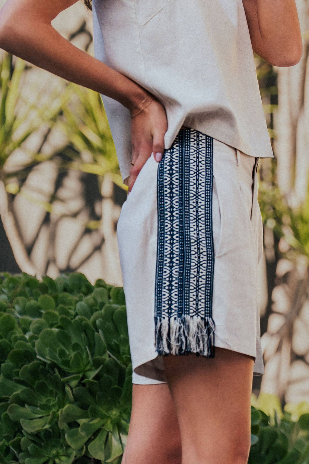 Embroidered Linen Blend Two-Piece Set Tassel Detail