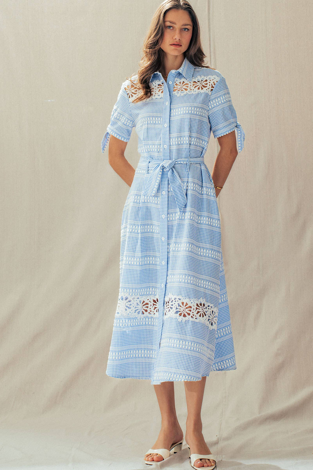 Gingham Cotton Shirt Dress Eyelet Embroidery