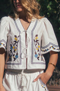 Floral Embroidered Tie Front Cotton Top