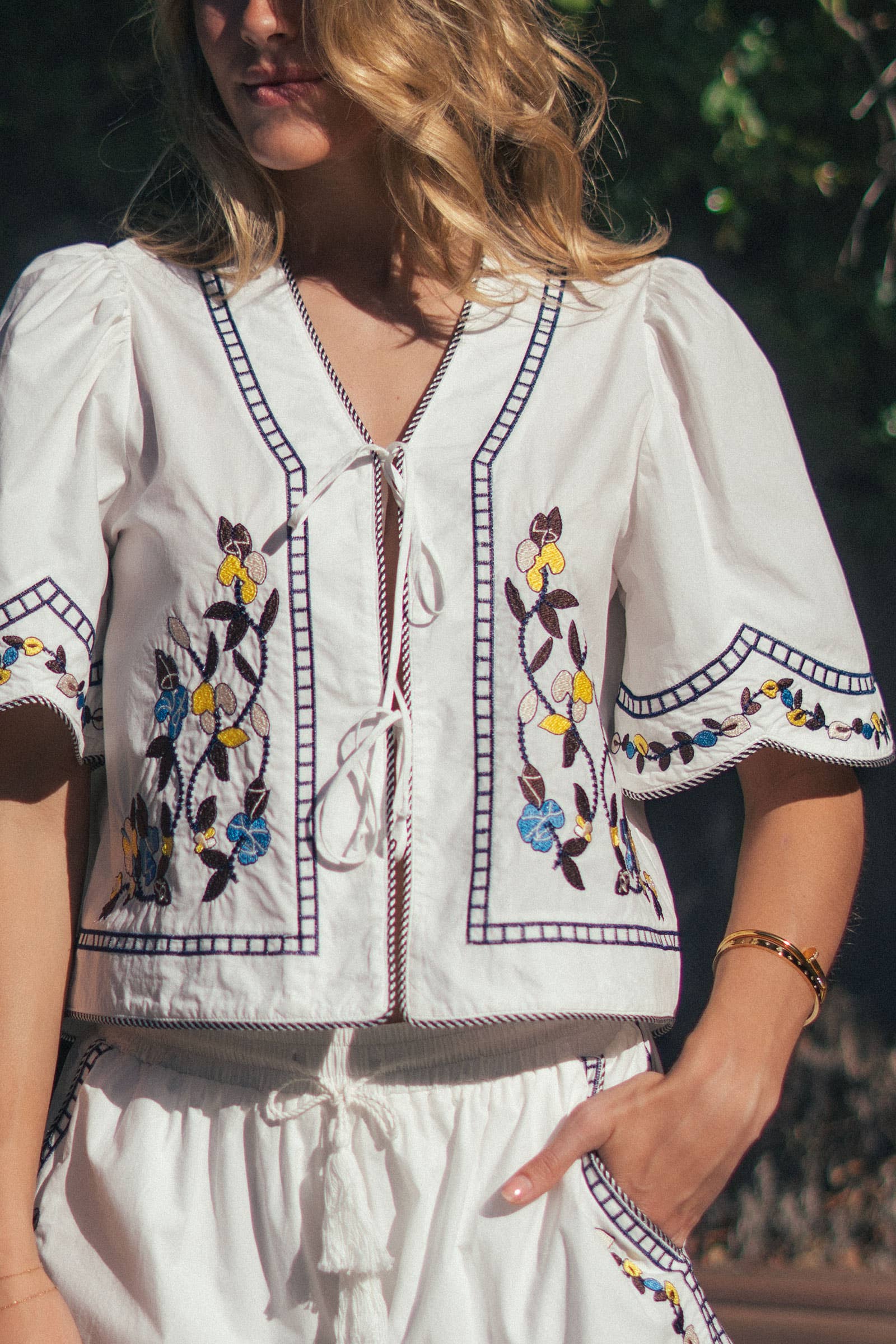 Floral Embroidered Tie Front Cotton Top
