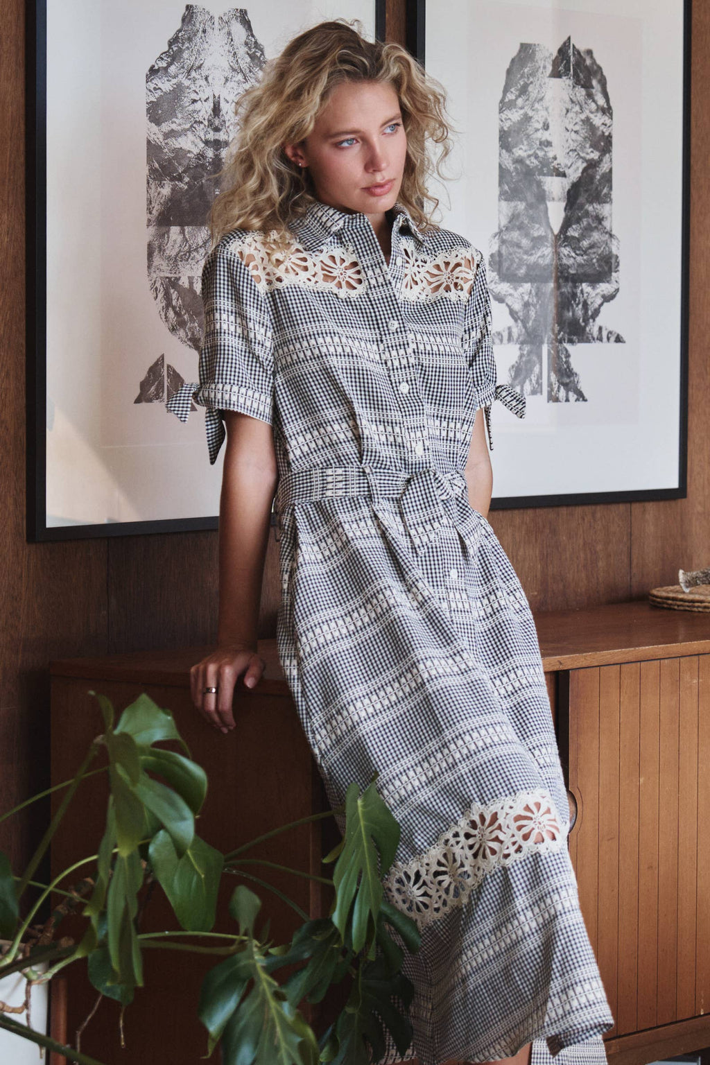 Gingham Cotton Shirt Dress Eyelet Embroidery