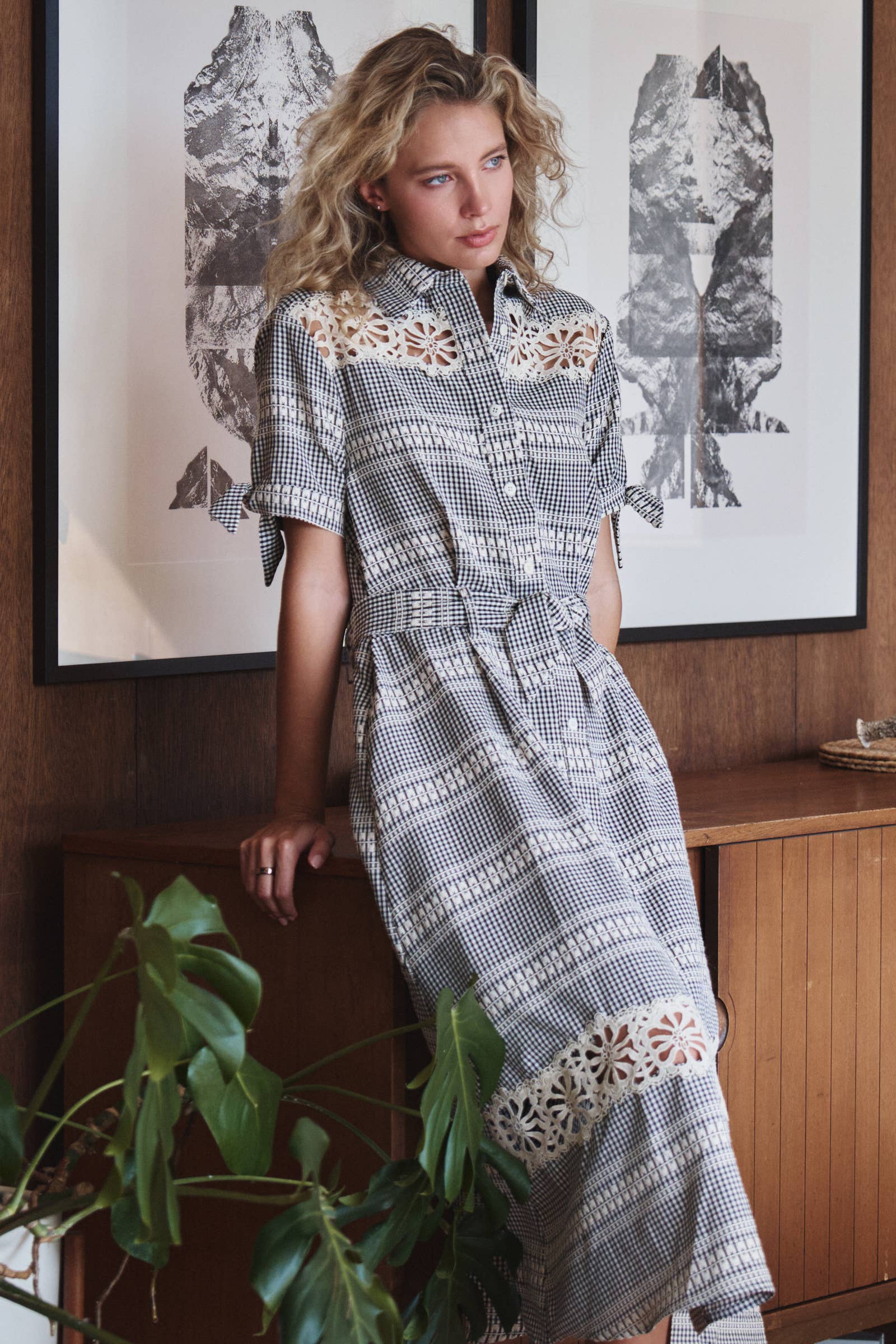 Gingham Cotton Shirt Dress Eyelet Embroidery