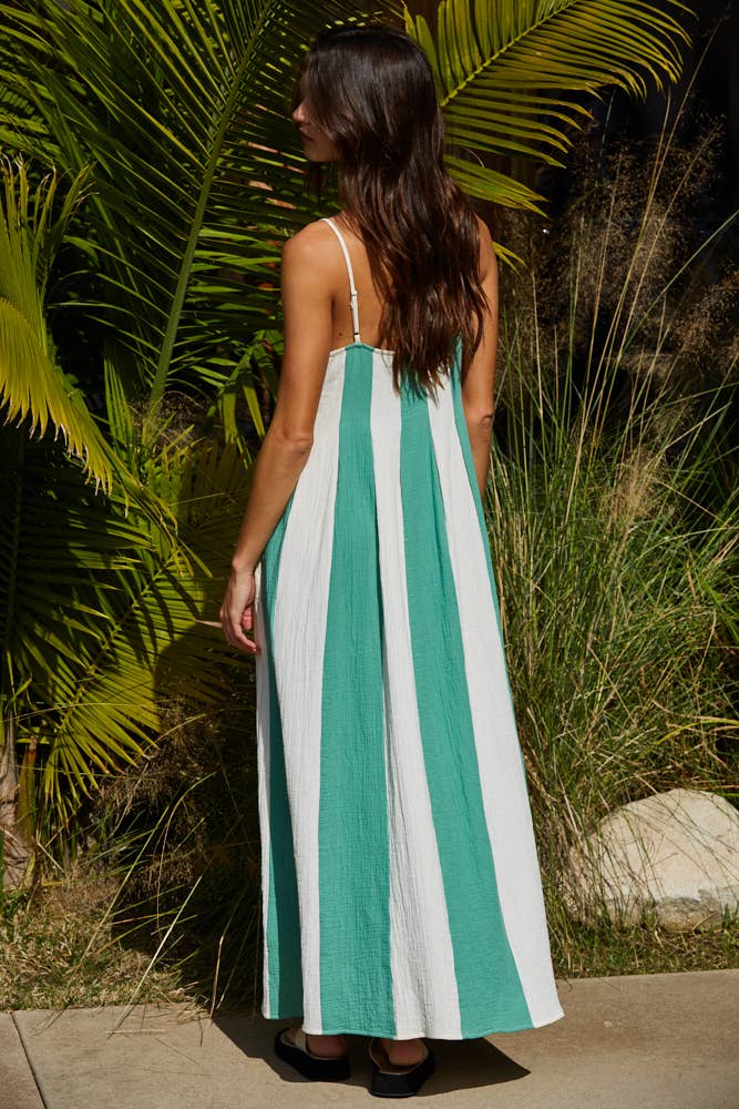 L7390 | Cotton Gauze Striped Cami Pintuck Midi Dress