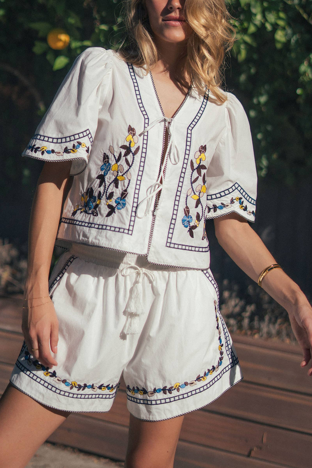 Floral Embroidered Drawstring Cotton Shorts