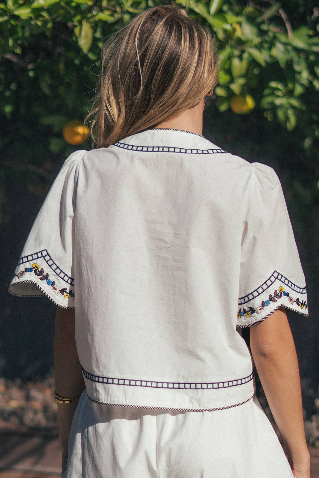 Floral Embroidered Tie Front Cotton Top