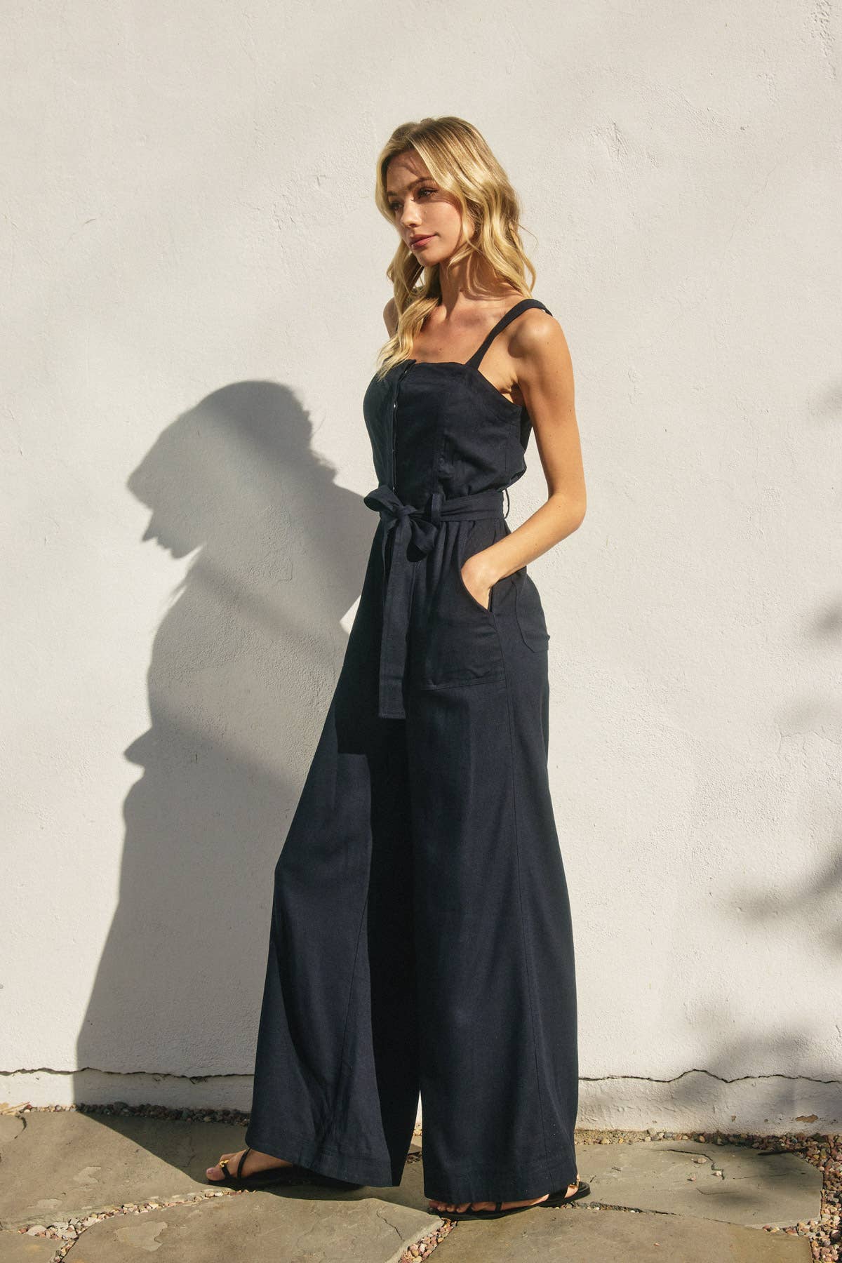 Linen Belted Wide Leg Jumpsuit