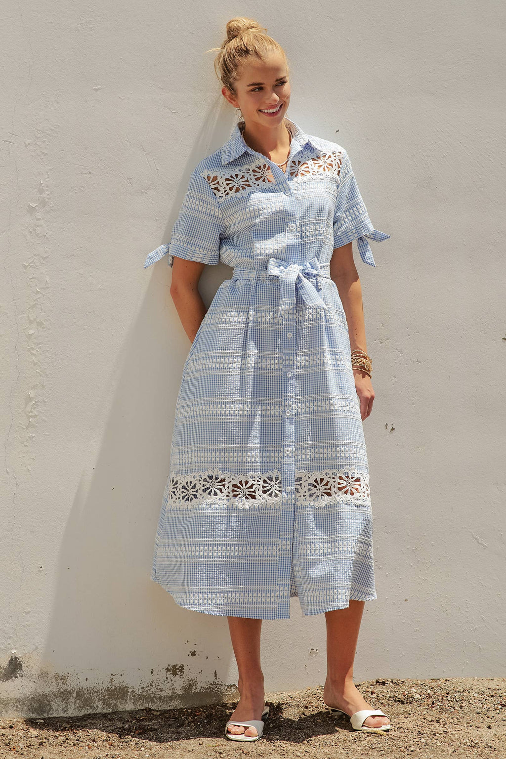 Gingham Cotton Shirt Dress Eyelet Embroidery