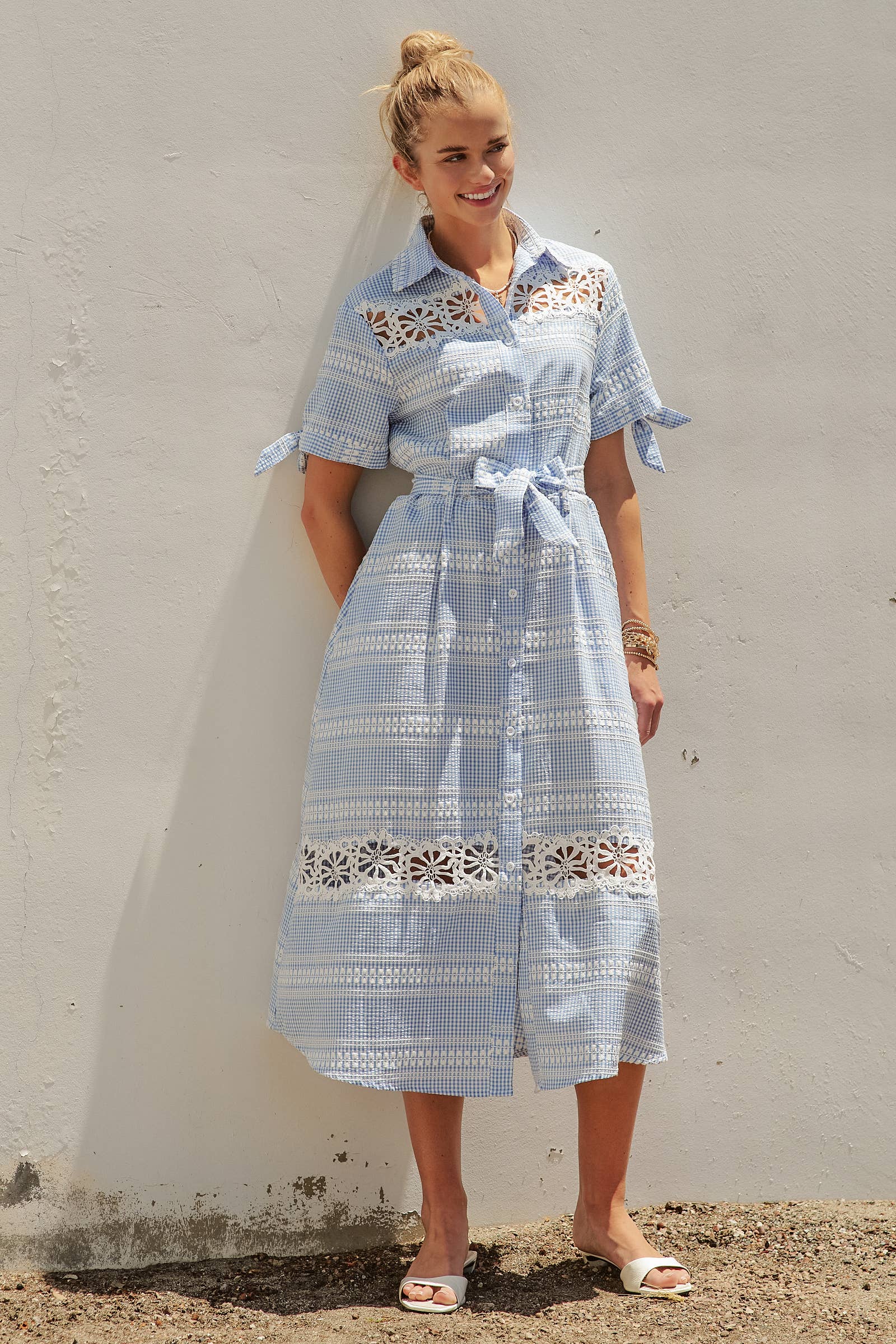 Gingham Cotton Shirt Dress Eyelet Embroidery