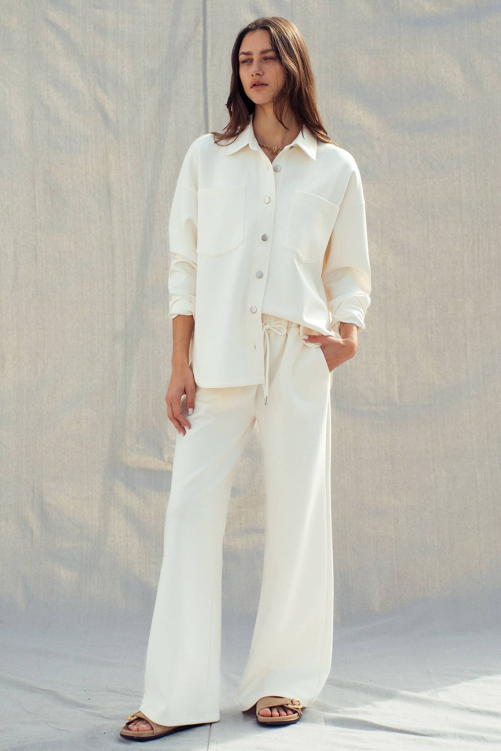 Cotton Blend Wide Leg Drawstring Lounge Pants