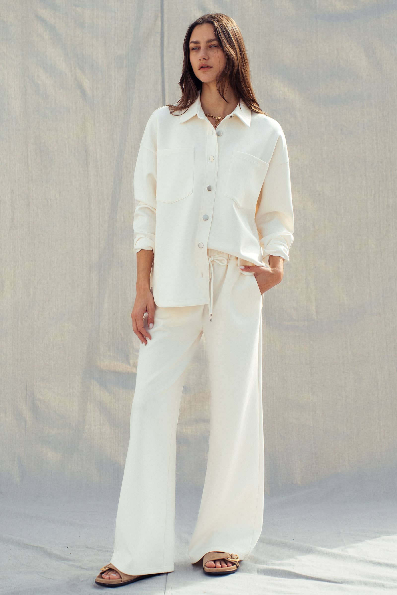 Cotton Blend Wide Leg Drawstring Lounge Pants