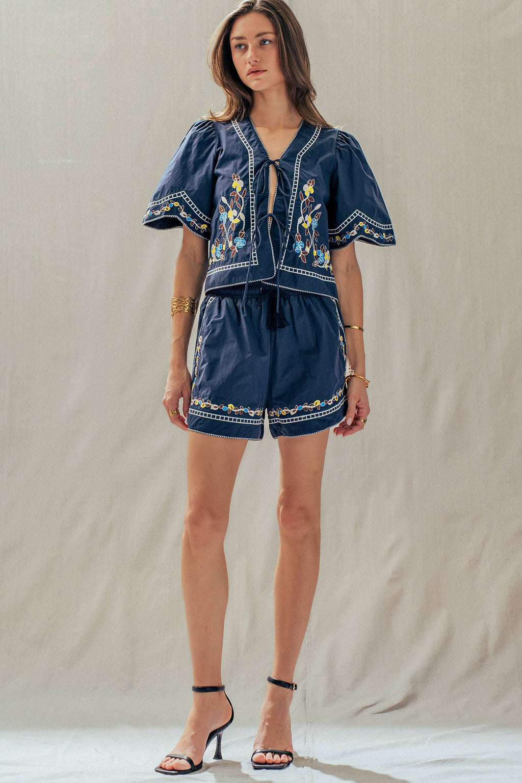 Floral Embroidered Drawstring Cotton Shorts