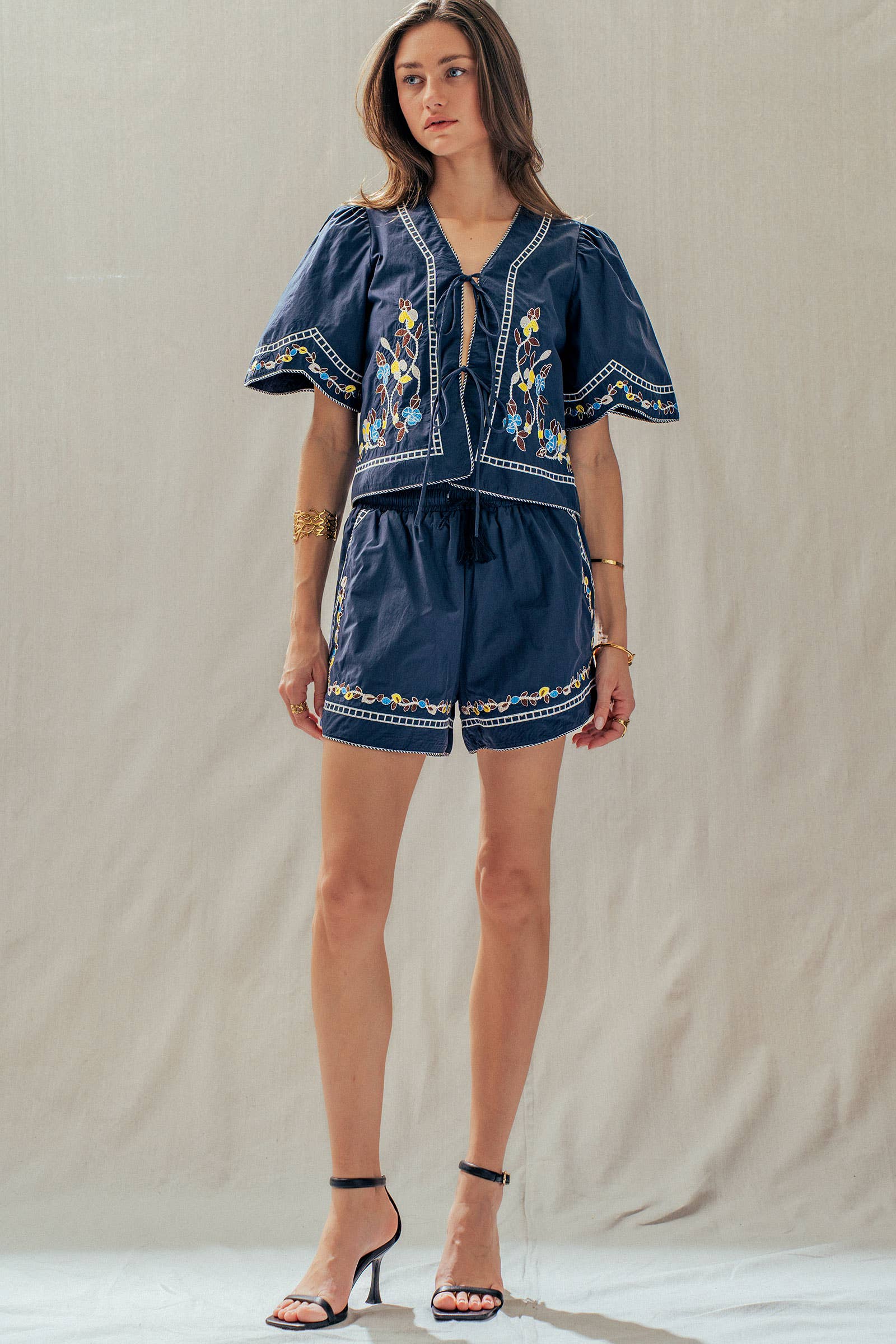 Floral Embroidered Drawstring Cotton Shorts