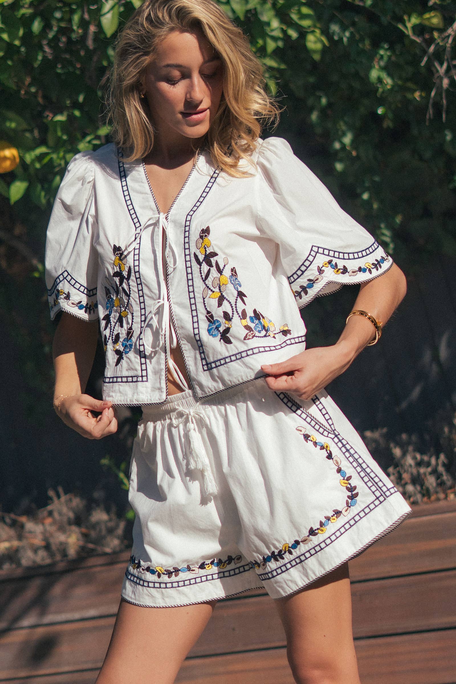 Floral Embroidered Tie Front Cotton Top